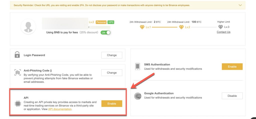 Einschalten-Binance-API