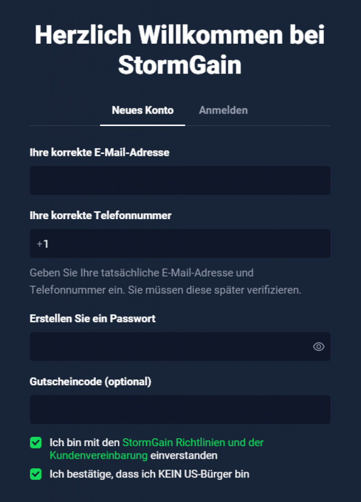 Stormgain registrierung