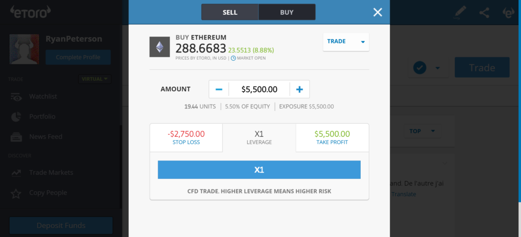 eToro step 5 short ethereum